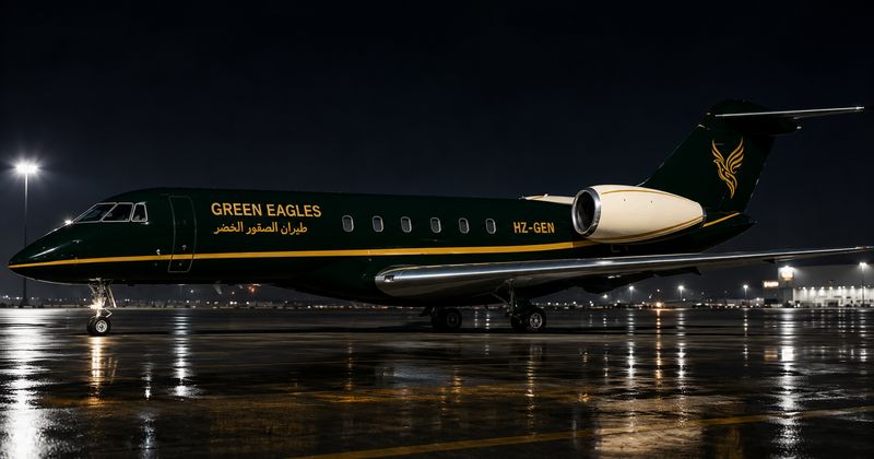 Green Eagles Citation X on a wet night ramp